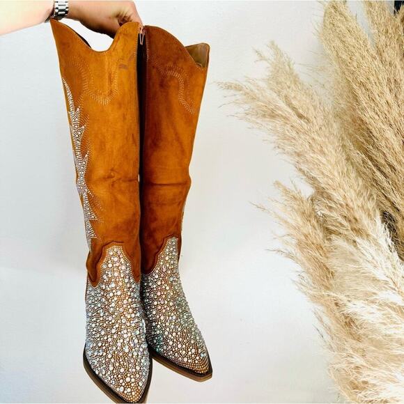 NEW Brown Faux Suede Sequin Glitter Discoball Cowgirl Cowboy Chunk Heel Boot 9.5 - Picture 6 of 13